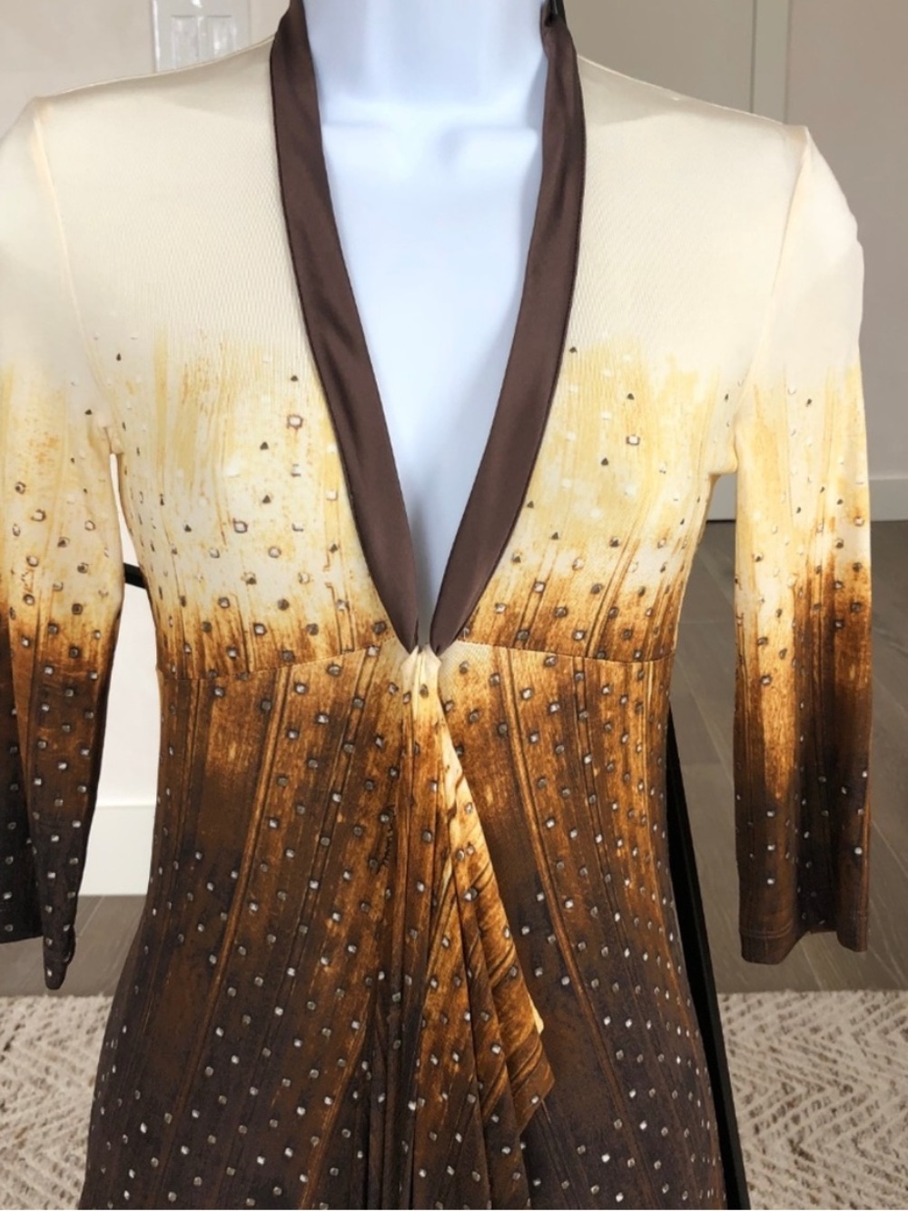 Just Cavalli Cream to Brown Ombre 3/4 Sleeve Dress with Rhinestone Accents